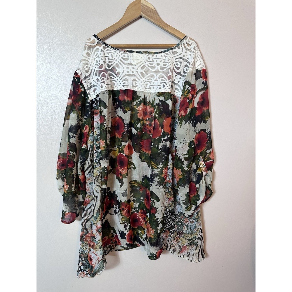 Anthropologie Fig & Flower  Blouse Plus 3X Sheer Floral Patchwork Boho Peasant - Picture 9 of 10